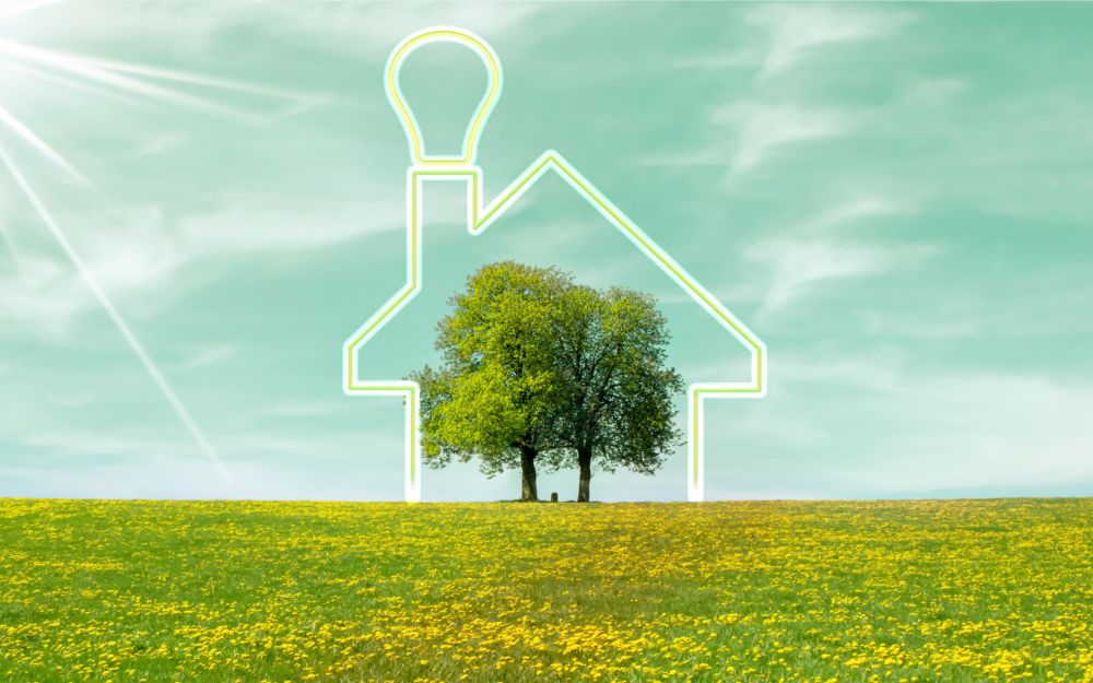 Yellow house logo on trees in pasture