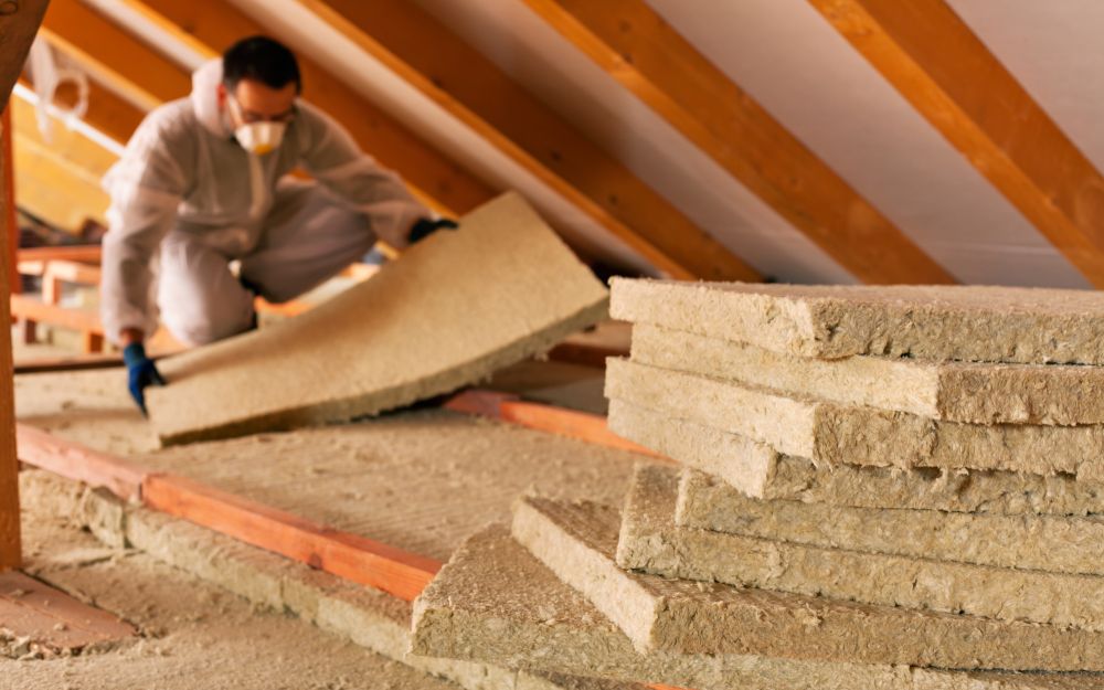 Man laying Insulation in attic